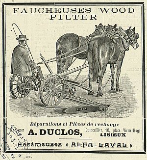 Archives du Calvados, 14T23/1/A/31, la faucheuse de Wood Pilter en vente à la quincaillerie Duclos à Lisieux, 1907, annonce publicitaire extraite de la Revue lexovienne illustrée, 10 x 9,5 cm